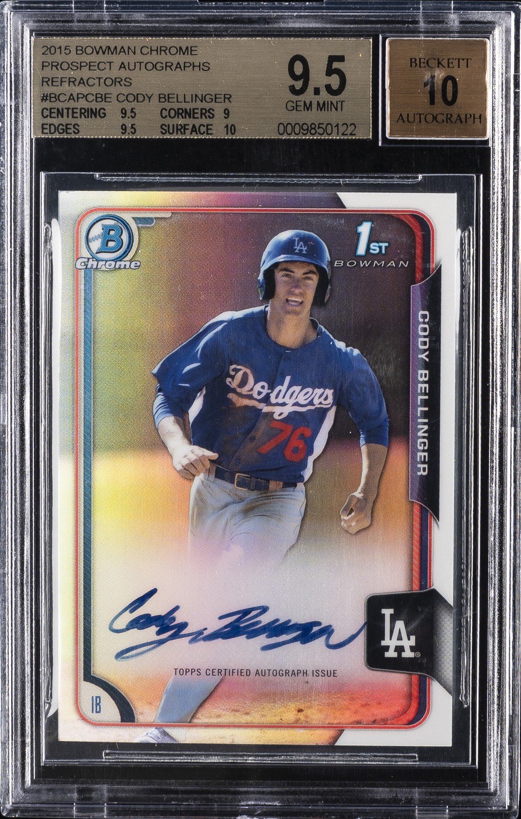 2015 BOWMAN CHROME AUTO PROSPECT REFRACTOR #CBE CODY BELLINGER /499 BGS 9.5