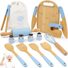 Wooden Kids Cooking Set Montessori Kit - Real Toddler Kitchen Tools Baking ...