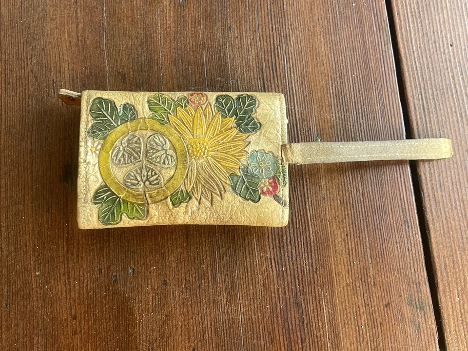 1920s Japanese Embossed Leather Wallet w/ Original Hanky Scenic Floral As-Is - Image 2 of 4