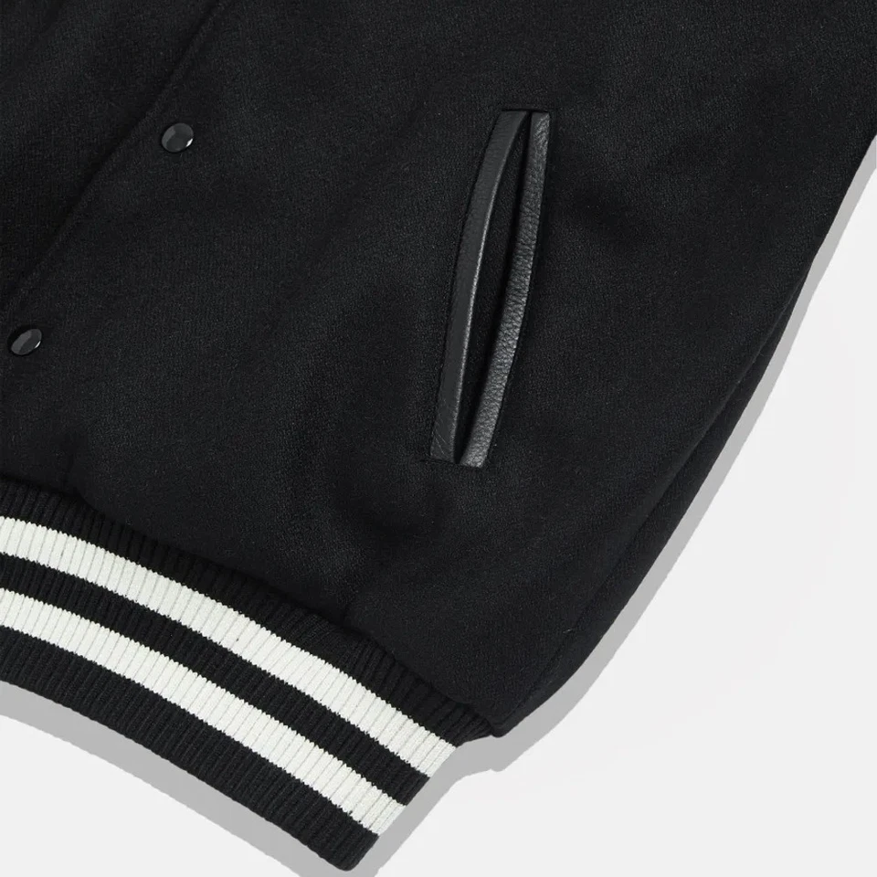 Unisex Black Wool Leather Drop Shoulder Athletic Letter College Varsity Jacket - Image 4 of 4