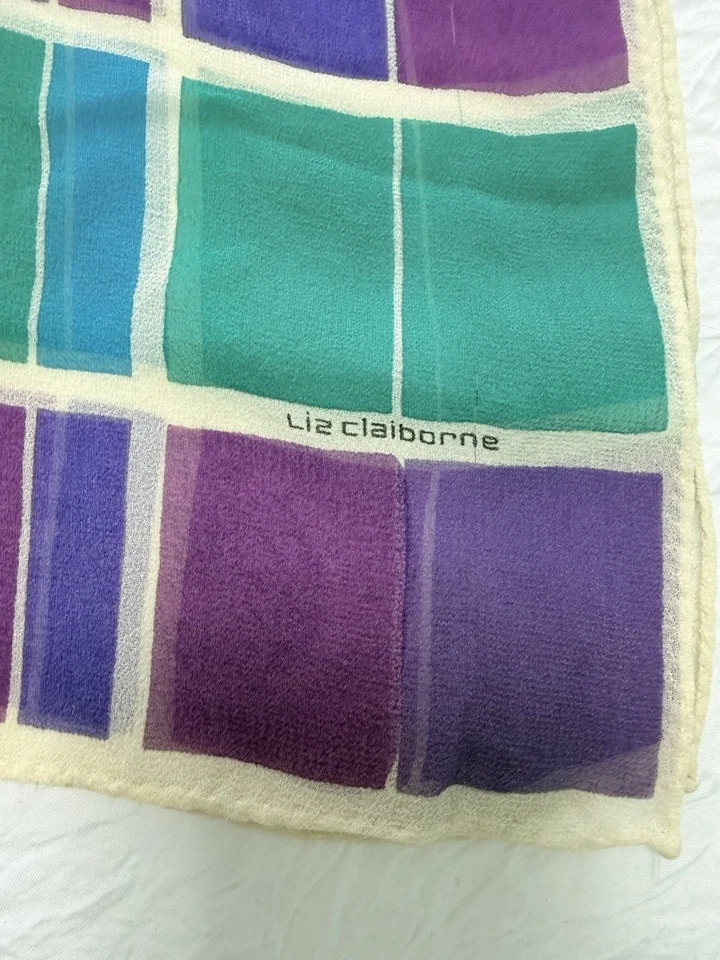 Liz Claiborne Vintage Geometric 100% Silk Scarf Purple Teal Blue 21” x 8” - Image 4 of 4