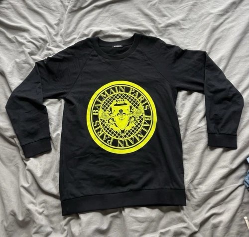 Balmain Black Crewneck Pullover Sweatshirt Yellow Logo Graphic Print Size XS/S - product listing photo