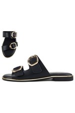 Double buckle slide sandals with sleek wide straps & bold gold tone buckle Black