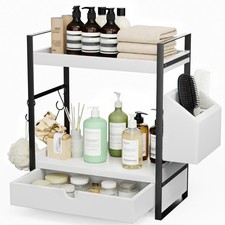 2-Tier Bathroom Counter Organizer with Drawer, Basket  Hooks, Wooden Vanity ...