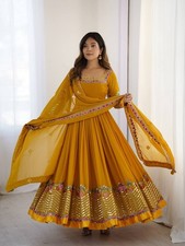 Yellow Heavy Georgette Multi-Thread Embroidered Gown Set with Full Sleeves