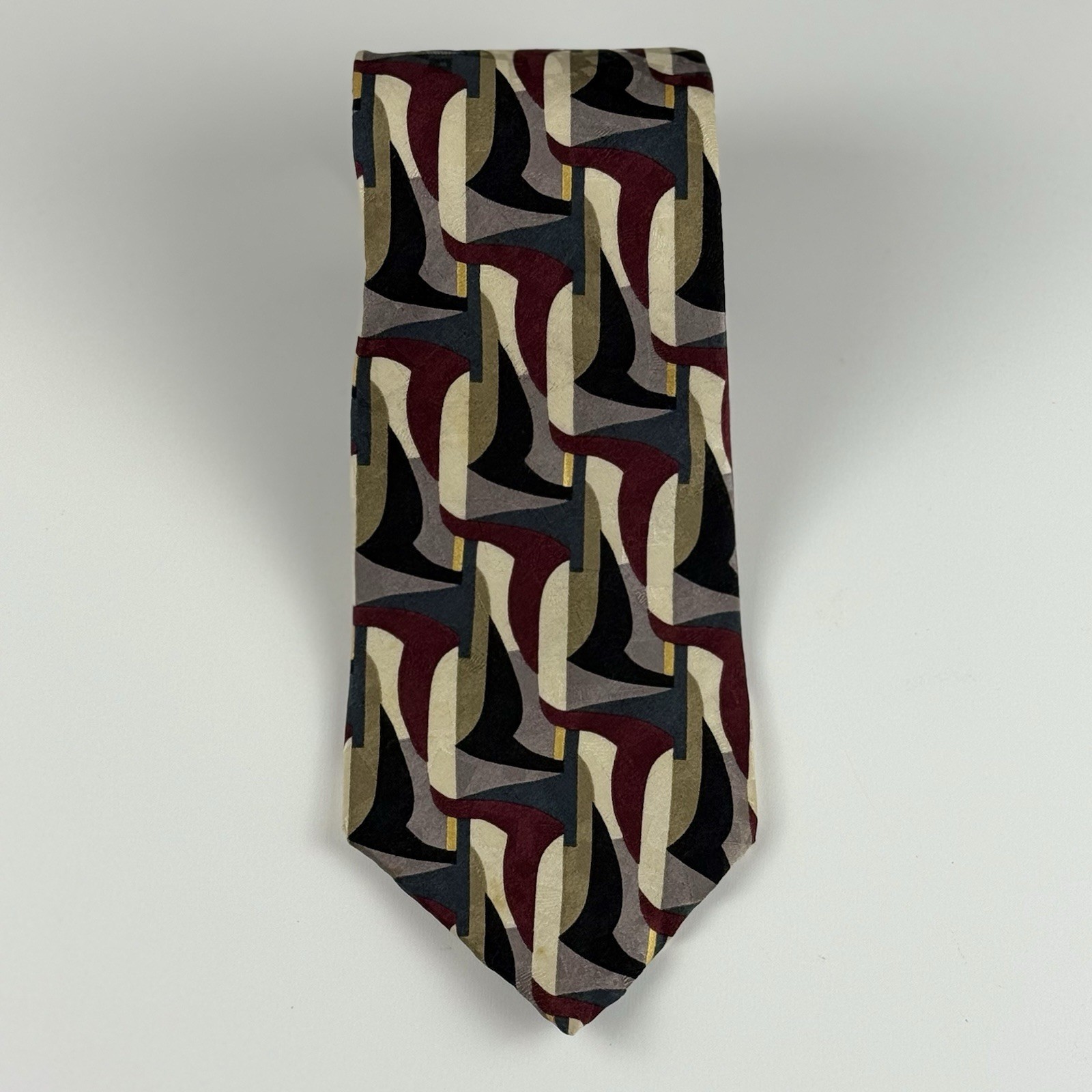 Vintage Facets Necktie 90s Abstract Geometric Silk Burgundy & olive MCM pattern