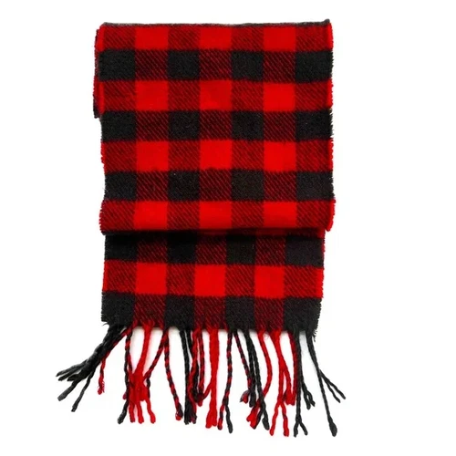 OGGI Canada Scarf Buffalo Print Red & Black Fringe Cashmere Fringe