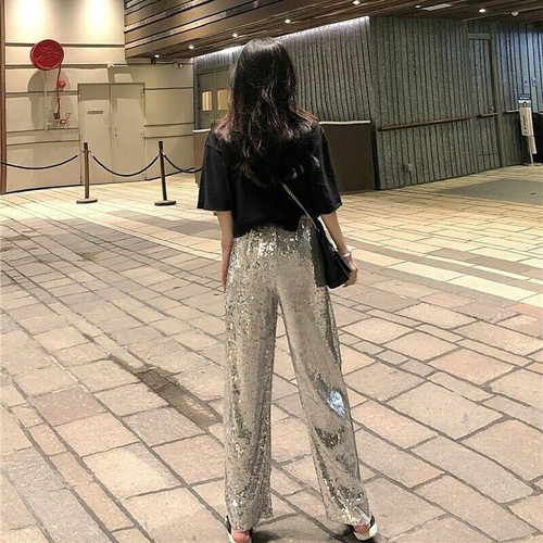 Lady Wide Leg Sequins Pants Trouser Silver Club Shiny Party Casual Fashion Loose - Picture 6 of 7