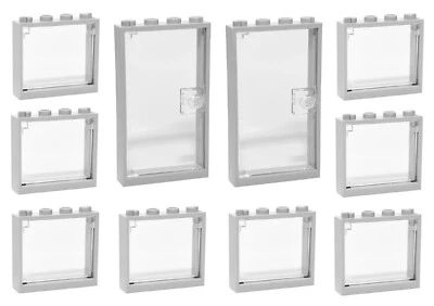 😀 LEGO OFFICE windows + doors pack of 10 1x4x3 GREY GLASS police hospital P10
