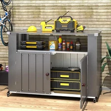 Outdoor Metal Storage Cabinet with Wheels, Tool Chest Garage Cupboard with Doors