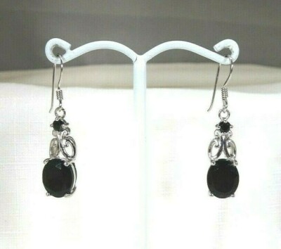 5.16ct Natural Black Onyx Solid Sterling Silver Victorian Inspired Hook Earrings