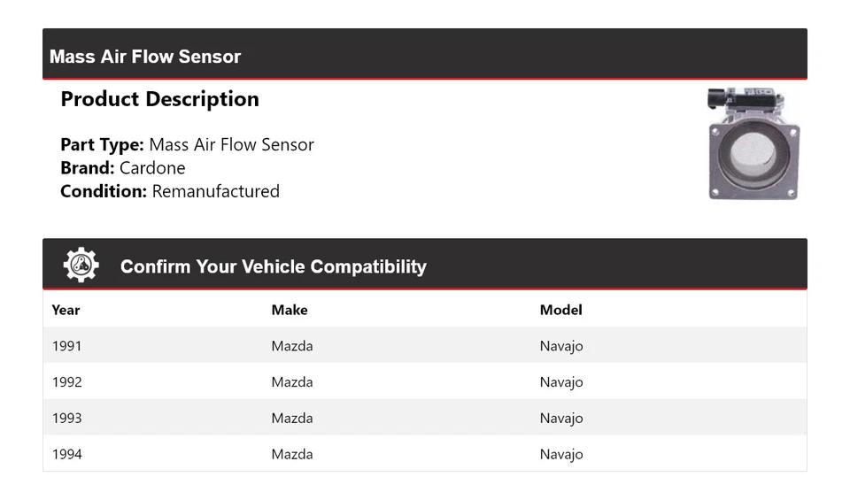 Sensor de fluxo de ar em massa Cardone 1992 1993 Mazda Navajo 1991-1994 - Imagem 2 de 4