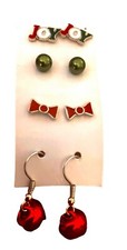 Christmas Holiday Earrings- 4 pairs- JOY- red bows -jingle bells -studs 9