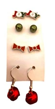 Christmas Holiday Earrings- 4 pairs- JOY-  red bows -jingle bells -studs #9