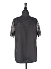 Shein Black V-Neck Sheer Lace Short Sleeve Pullover Top Size L