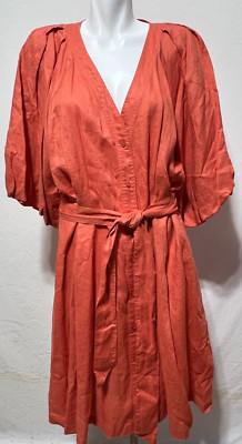 Ralph Lauren Black Label Linen Women 18 Dress Coral Button Down Belted Midi New