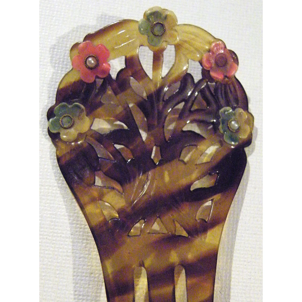 Antiguo Peine Victoriano Eduardiano Rosa Azul Flores Perlas Aleta Retro Moda Foto 4 de 4