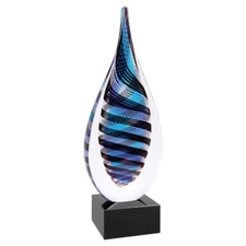 Hand Made glass art sculpture Twisted Rain Drop With Wooden Base 12"