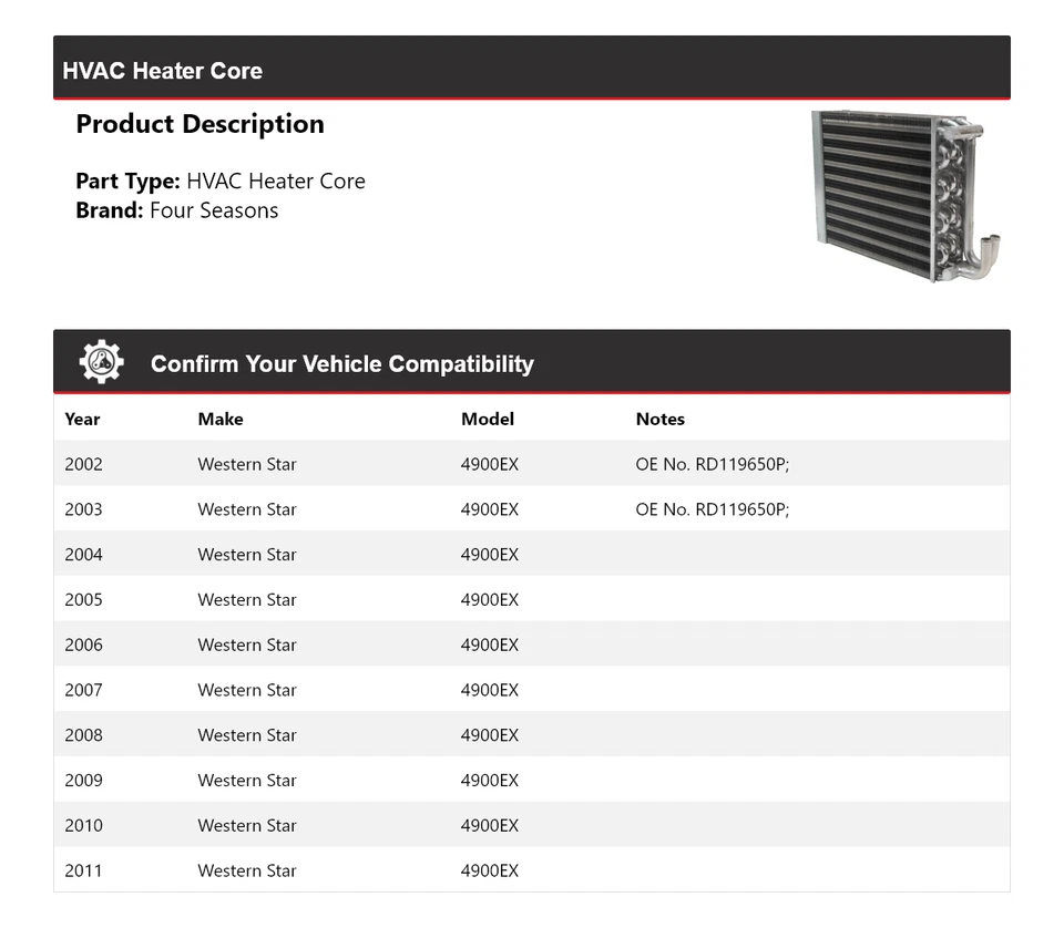 Para Western Star 4900EX 2002-2011 núcleo de calefacción de climatización 4 estaciones 2003 2004 2005 2006 Foto 2 de 3