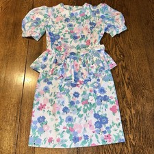 Vtg 90s Floral Cottagecore Dress Handmade Basque Waist Peplum Puff Sleeves