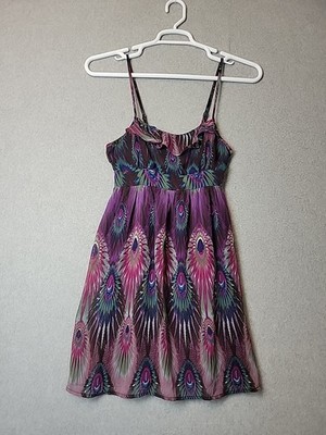 Twenty One Purple Peacock Spaghetti Strap Smocked Whimsygoth Dress Womens Medium