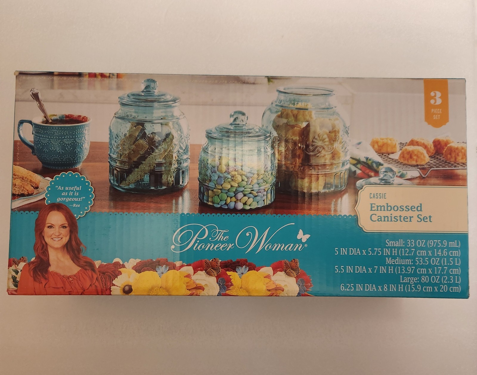 The Pioneer Woman Canister Set Embossed Cassie Teal 3-Pieces Kitchen Storage NEW