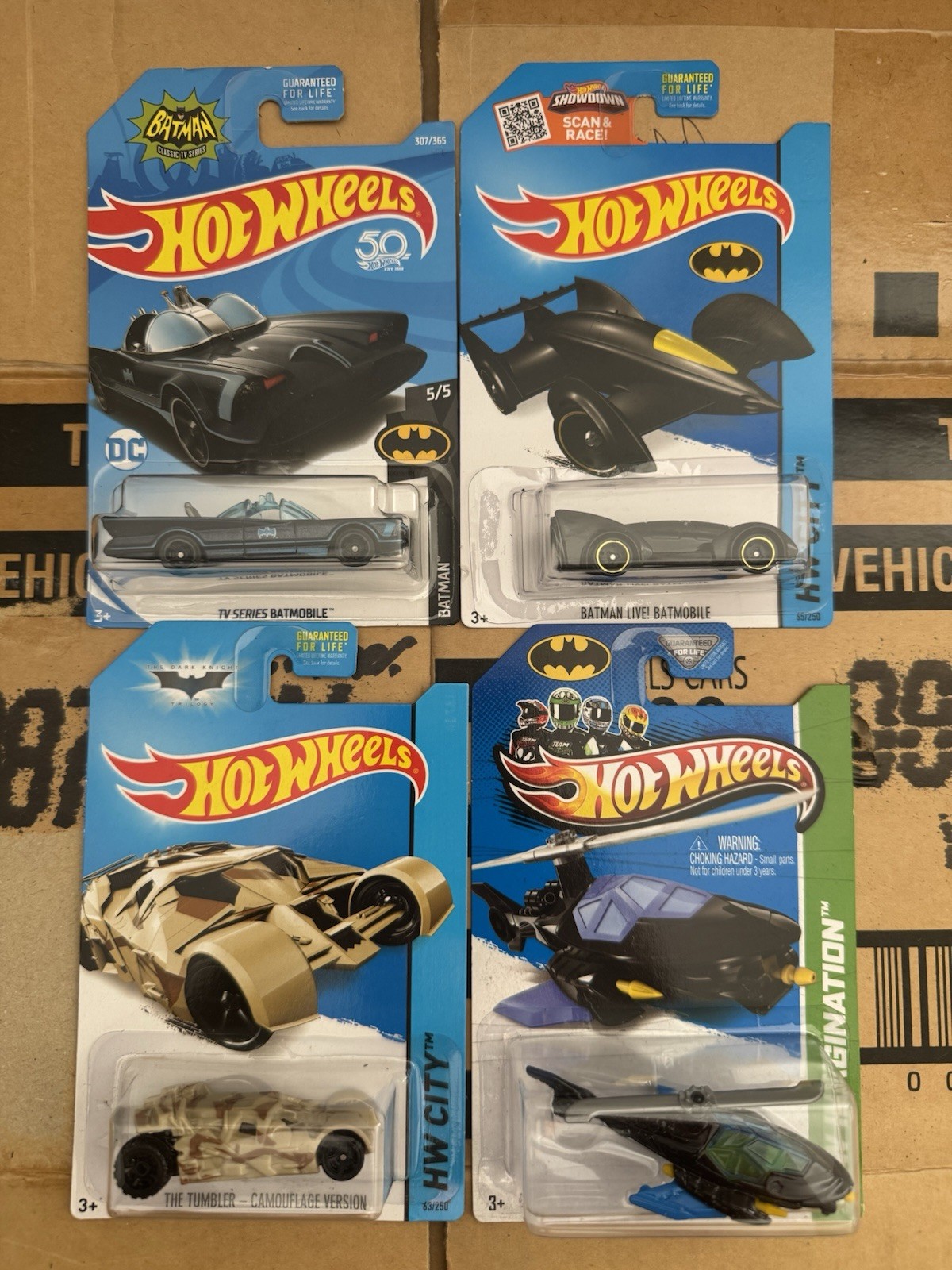 Hot Wheels Batman Car Lot: Batcopter, Camo Tumbler, TV Series Batmobile + Live