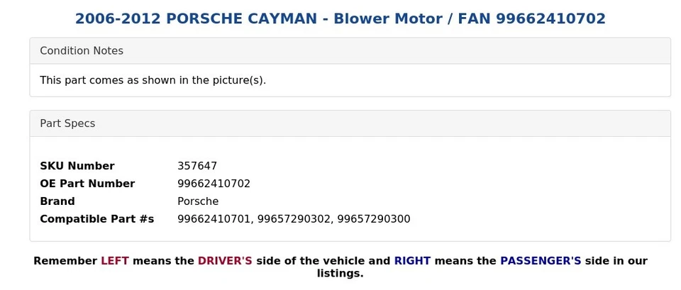 Porsche Cayman 2006-2012 - motor soplador / ventilador 99662410702 Foto 3 de 4