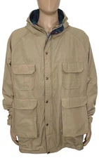 Woolrich VTG Barn Chore Jacket Coat Flannel Wool Lined Rain Mens XL Khaki Hooded