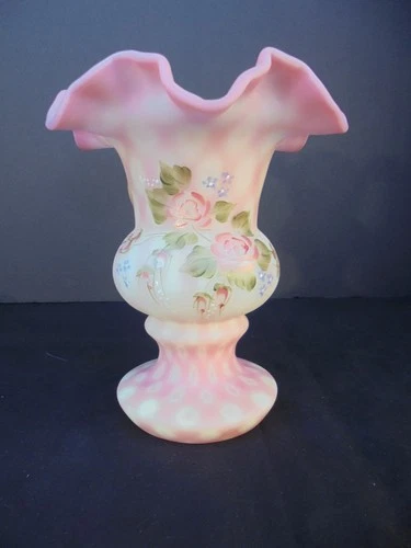 FENTON HAND PAINTED DIAMOND OPTIC VASE ROSES 6 1/2 INCHES AS IS