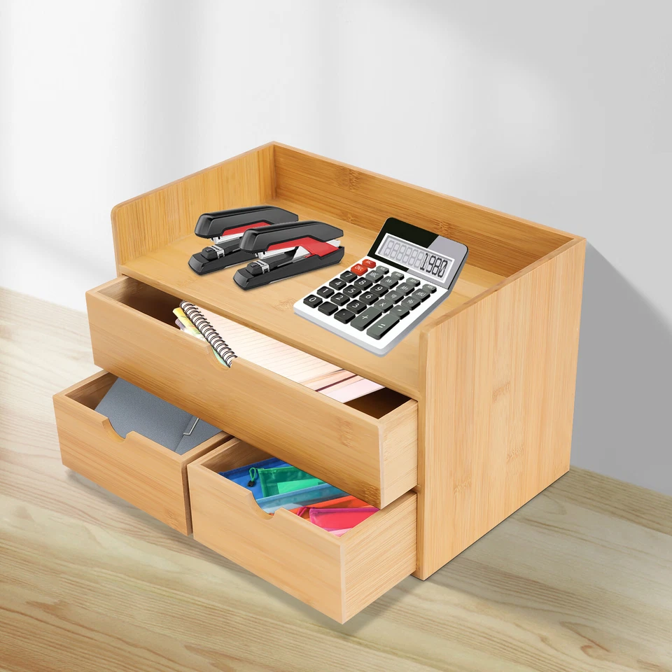 3 Drawers Raw Wood Color Tabletop Storage Box Bamboo Desk Organizer Fit Office - Image 2 of 4
