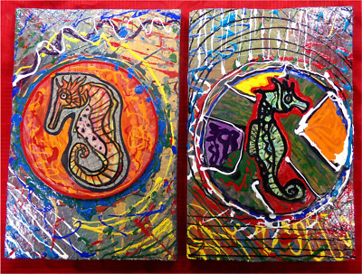SEAHORSE DIVORCE: 2 Piece Set (Once One) Original Painting Drawing Glenn Shiring