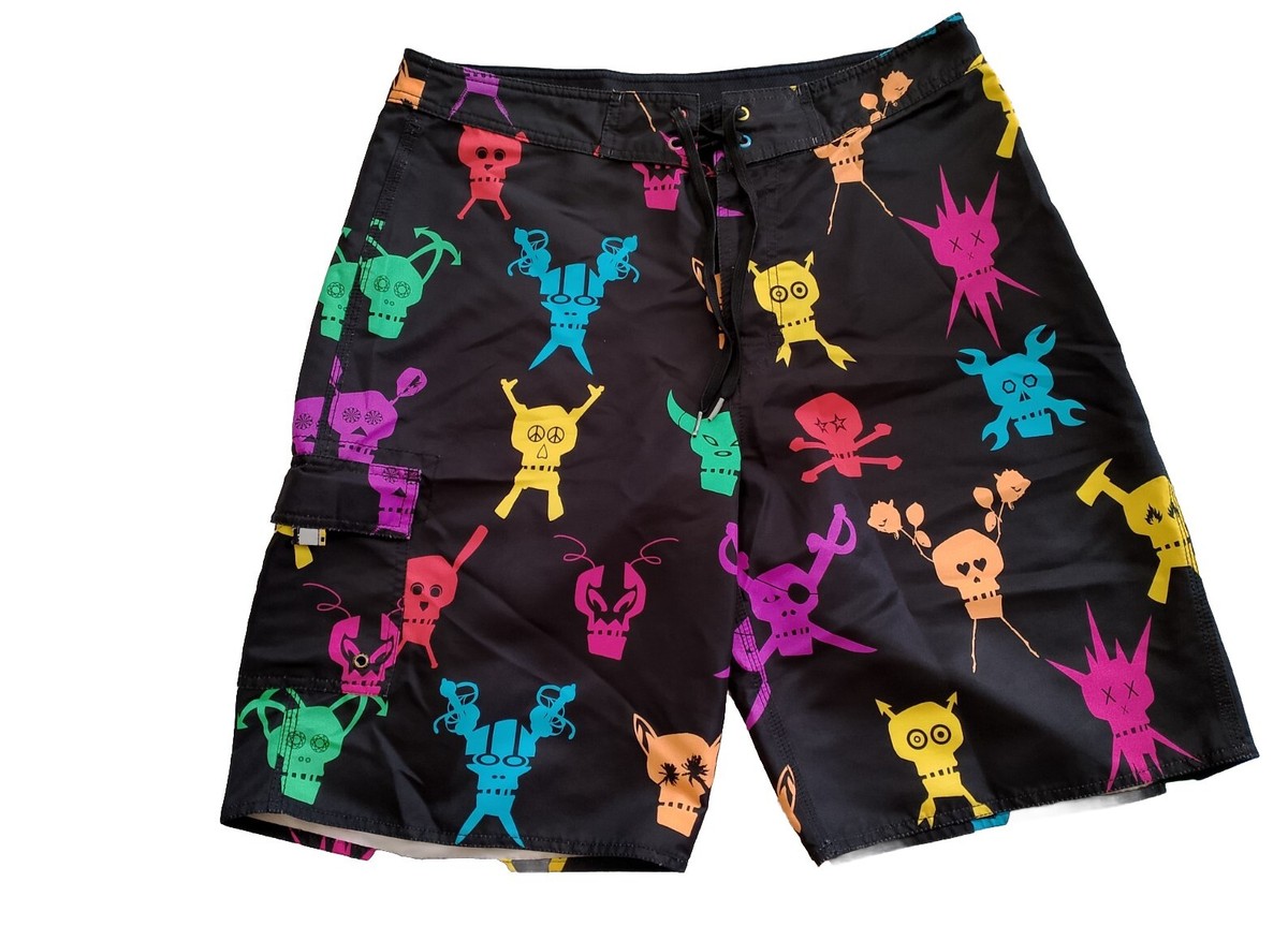 Vintage Stussy Futura Destiny Colorful Skull Swim Board Shorts Sz