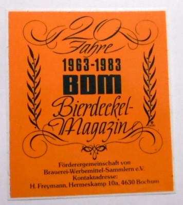 Werbe-Aufkleber BDM Bierdeckel Magazin 20 Jahre 1963-1983 Brauerei 4630 Bochum