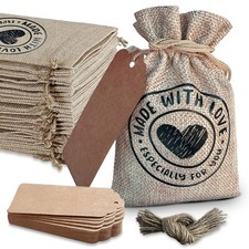 50PCS 4 x6 inch Burlap Gift Bag,Drawstring Line and Gift Tags with Phrase