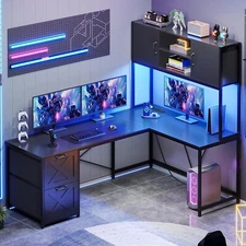 L Shaped Computer Desk with Led Lights, Hutch and Storage Shelf for Home Office