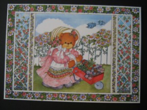 UNUSED 1989 vintage greeting card Lucy Rigg GET WELL Bear w/ Cart of Flowers