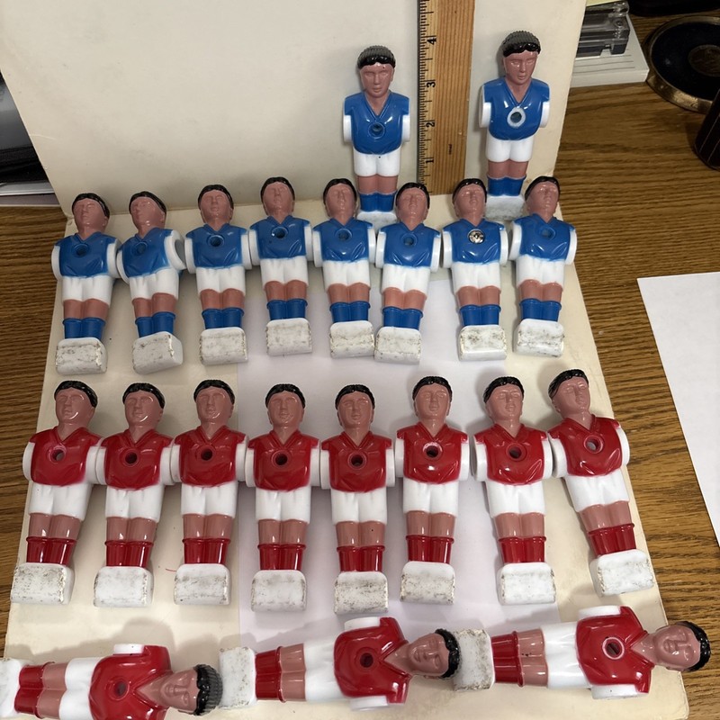 21 Foosball Men. 4” Tall. 1/2” Diameter. Includes Nuts, Bolts, & Rubber Gaskets.