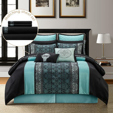 Luxurious Black Teal California King Comforter Set, 12-Piece Bed in a Bag
