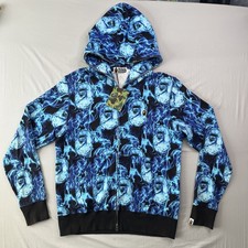 Felpa Bathing Ape uomo media BAPE fiamma larga full zip cappuccio blu SS20 nuova con etichette