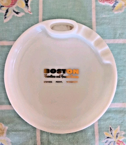 Vintage Milk glass Ashtray Advertising Boston Funeral Home Stevens Point Wi