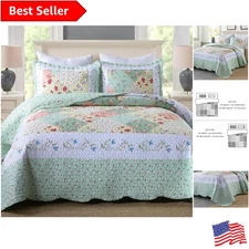 3-Piece Floral Quilt Set Queen Romantic Green French Style Bedspread