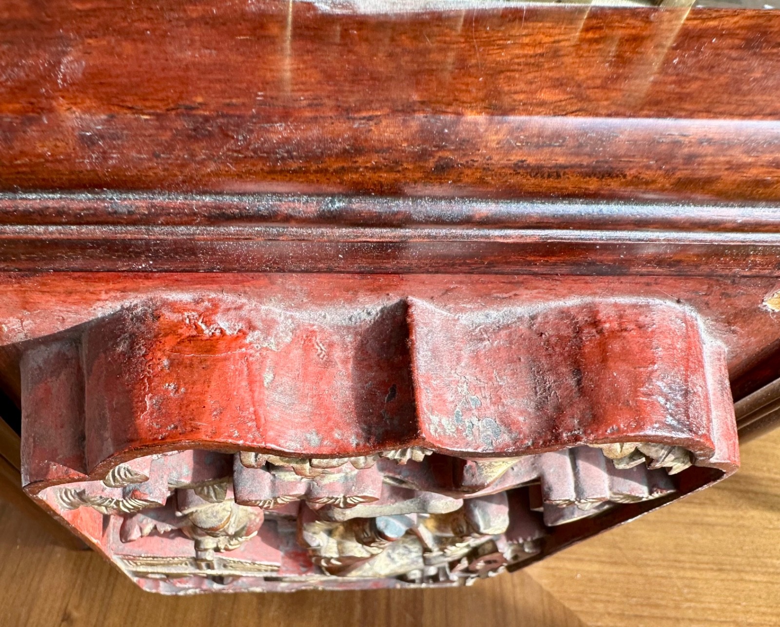 2 Antique Chinese Red & Gilt Wooden Deep Carved Panel Wood 19th Century