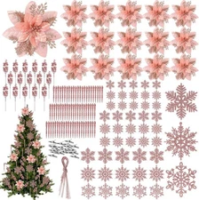 112 Pcs Christmas Snowflake Icicle Ornaments Poinsettia Flower Picks Rose Gold