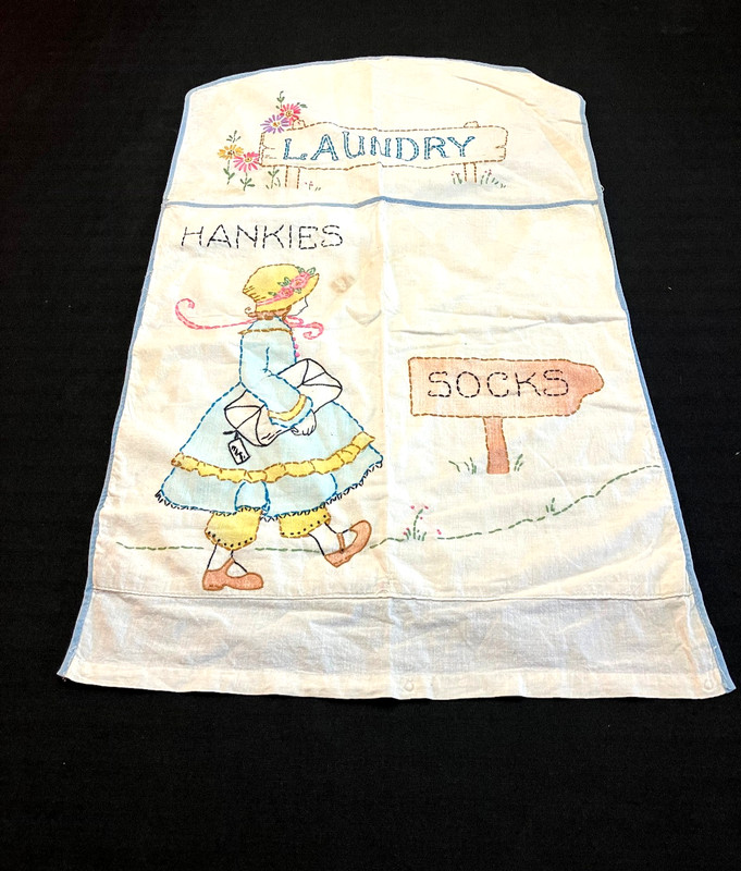 Vintage Laundry Wall Hanging Fabric Bag Embroidered & Appliqued--2 Pockets