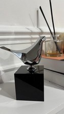 Vintage MCM Chrome Bird Sculpture on Solid Black Marble Base - Modernist Art Dec