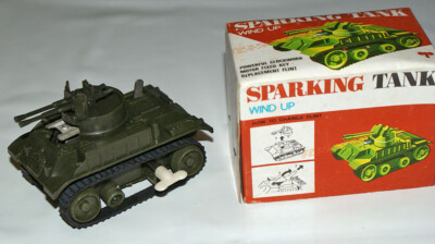 Sparking Tank-wind up-Friction Drive-Made in Hong Kong-Powerful Clockwork-1970s