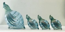 Mother & 3 Baby Quail Ceramic Figurine Set Large Handmade in Mexico Blue Green