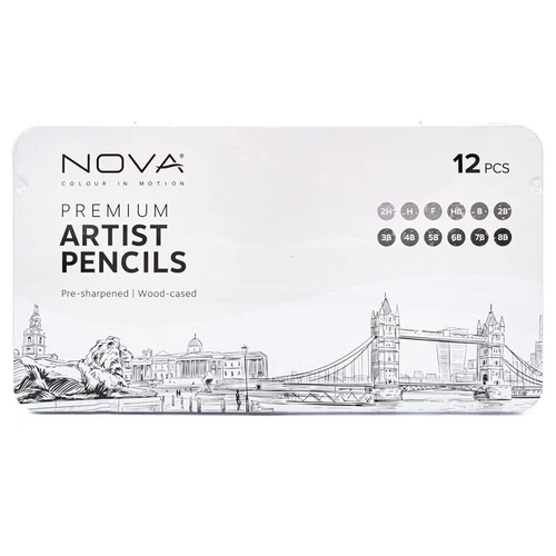 NOVA 12 X Premium Artist Graded Sketching Pencils  Pre Sharpened Protective Tin
