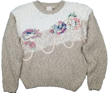 Vtg Sweater M Beige Floral Appliqu  Beaded Embroidered Nubby Knit Granny